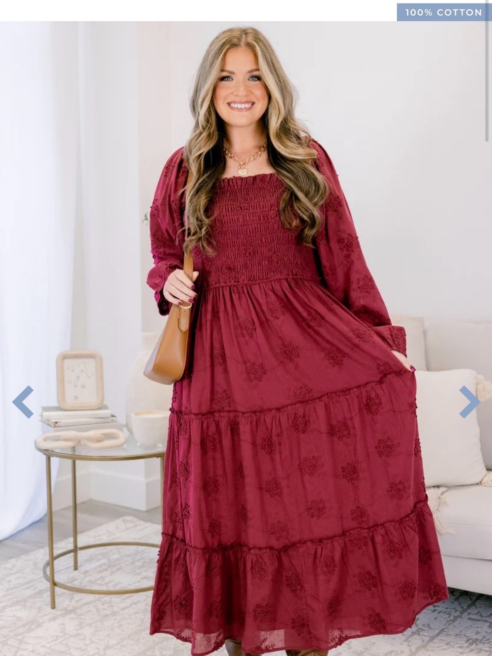 Women's Burgundy Smocked Tiered Maxi Dress
